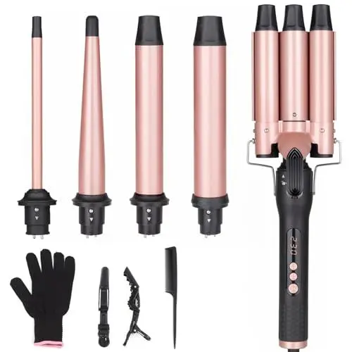Produktbild: UNOBEY Lockenstab 5 in 1, Lockenstäbe 3 Fässer Welleneisen Set mit austauschbaren Keramik Lockenstab 13-32mm für Große und Kleine Locken, Beach Waves, Temperatureinstellung, Handschuh