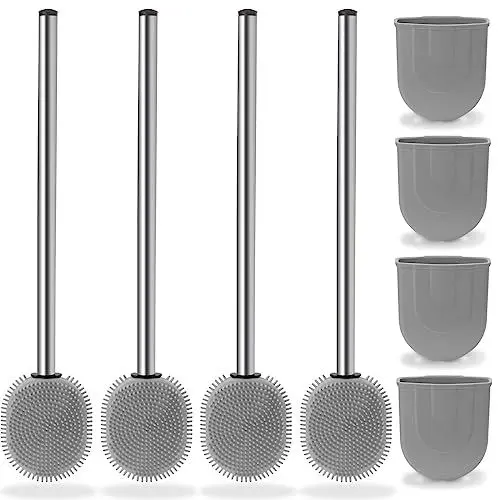 Produktbild: Unokit 4 Stück Toilettenbürste, WC-Bürste Toilettenbürste und Behälter für Badezimmer, Silikon Klobürste mit Edelstahlstiel mit flachem Toilettenbürstenkopf (Grau)