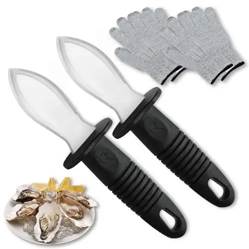 Produktbild: Unokit Austernmesser set 2 Stück Extra groß Austernmesser und Handschuhe 2 Stück Austernmesser mit Ergonomischer Griff Edelstahl Austernmesser mit Handschuhe für Austern Schalentiere Muscheln
