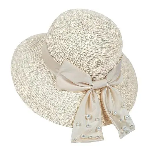 Produktbild: UnoSheng Strohhut Faltbar Damen Damenhut, Sommerhut, Faltbare Kappe, breite Krempe, Strandhüte, Outdoor-Hut Sonnenhut 47 (Beige, One Size)