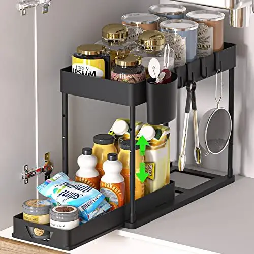 Produktbild: HI NINGER Unter Waschbecken Regal,Anhebbares Küchen Organizer,2 Etagen Gewürzregal Standregal Küche Arbeitsplatte Regal Mehrfunktional Spülschrank küchenschrank organizer für Badezimmer Küche