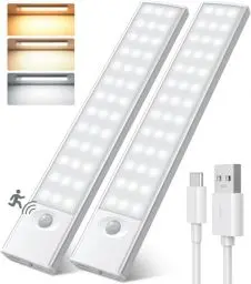 Produktbild: Unterbauleuchte Küche LED, 78 LED Schrankbeleuchtung mit Bewegungssensor,3 Farbmodi& Stufenlosem Dimmen,2500 mAh Wiederaufladbarer Akku, Unterschrankbeleuchtung für Kleiderschrank/Treppe/Gang, 2 Stück