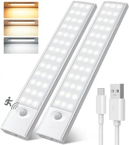 Produktbild: Unterbauleuchte Küche LED, 78 LED Schrankbeleuchtung mit Bewegungssensor,3 Farbmodi& Stufenlosem Dimmen,2500 mAh Wiederaufladbarer Akku, Unterschrankbeleuchtung für Kleiderschrank/Treppe/Gang, 2 Stück