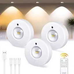 Produktbild: Schrankbeleuchtung USB Aufladbar Vitrinenbeleuchtung LED mit Touch und Fernbedienung, LED Spot Akku Dimmbar Unterbauleuchte Kabellos Rund Indirekte Beleuchtung mit 3 Farbtemperaturen Timer, 3-Pack
