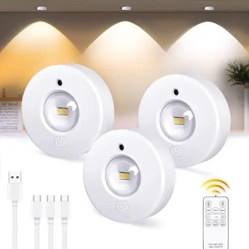 Produktbild: Schrankbeleuchtung USB Aufladbar Vitrinenbeleuchtung LED mit Touch und Fernbedienung, LED Spot Akku Dimmbar Unterbauleuchte Kabellos Rund Indirekte Beleuchtung mit 3 Farbtemperaturen Timer, 3-Pack