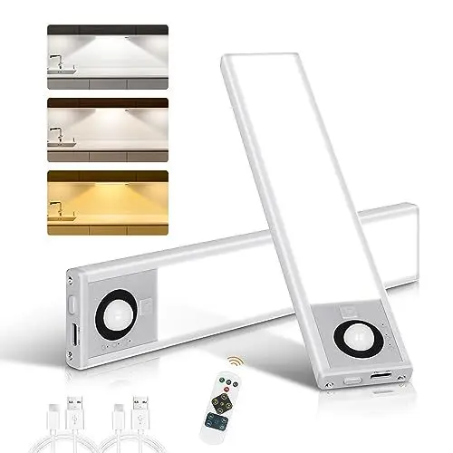 Produktbild: Unterbauleuchte Küche led,48 LEDs Sensor Licht mit bewegungsmelder， 150LM Schrankbeleuchtung mit Fernbedienung Dimmbar 3 Farbmodi ,USB Aufladbar Led Leiste für Schlafzimmer,Treppe,Schrank(20CM)