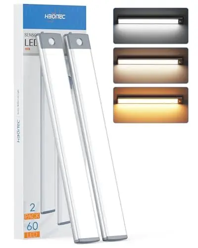 Produktbild: Unterbauleuchte küche 60 LEDs Sensor Licht 3 Farbmodi Dimmbar, Schrankbeleuchtung mit Bewegungsmelder, Schranklicht Schrankleuchte LED Leiste Batterie USB Wiederaufladbar Für Kleiderschrank(2 Stück)