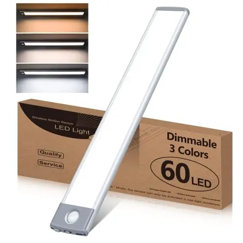 Produktbild: Unterbauleuchte küche 60 LEDs Sensor Licht 3 Farbmodi Dimmbar, Schrankbeleuchtung mit Bewegungsmelder, Schranklicht Schrankleuchte LED Leiste Batterie USB Wiederaufladbar Für Kleiderschrank,Treppe