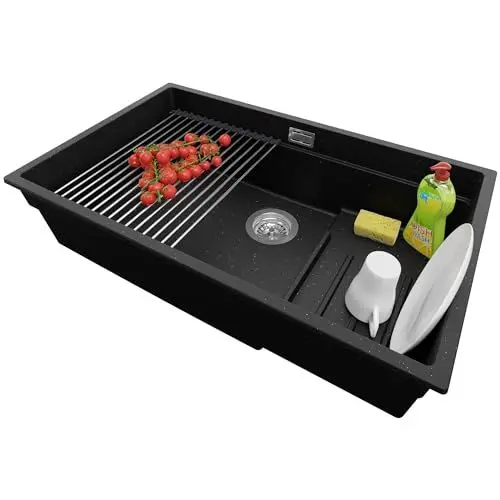 Produktbild: Unterbauspüle Granit Schwarz Metallic 76x47cm, Spülbecken 1 Becken + Ablauf-Set + Aufrollbare Abtropffläche, Granitspüle ab 80er Unterschrank - Prag von Primagran
