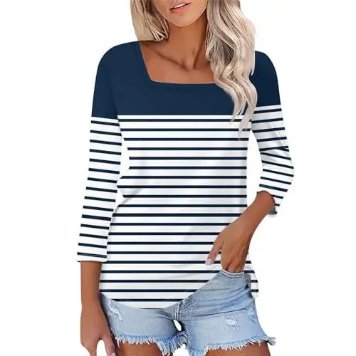 Produktbild: Unterhemd Damen Kurzarm Modisches, lässiges T-Shirt für Damen mit Streifenmuster, Patchwork-Farbe, quadratischem Ausschnitt und Dreiviertelärmeln Schlupfbluse Damen Langarm (Navy, S)