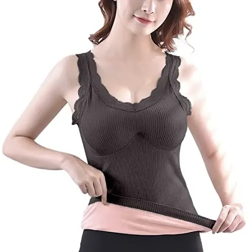 Produktbild: Unterhemd Langarm Winter Herren Ärmellose Thermo-Shirts für Frauen mit abnehmbarem, integriertem BH mit V-Ausschnitt, Weste, gefütterte Unterwäsche, Thermo-Tanktops Heizunterhose (Grey, One Size)