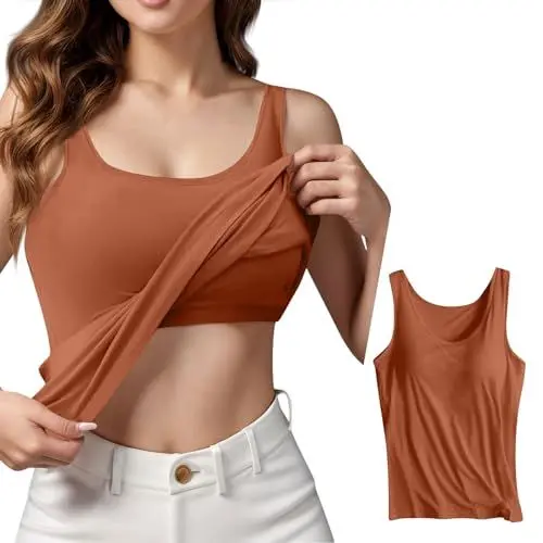 Produktbild: KONG JIMFAN Damen Unterhemd BH-Hemd Basic U-Ausschnitt Eingebauter BH Bügelloser Gepolstert Verstellbare Tank Tops mit Integriertem BH Ohne Bügel Einfarbig Bequeme Hemd Fitting Yoga BH(#B Braun,M)