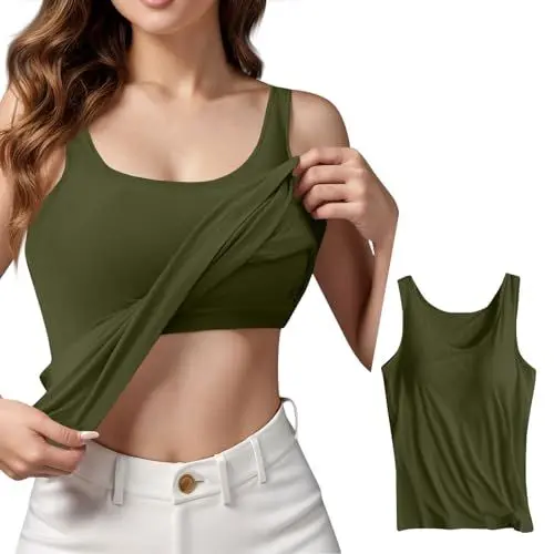 Produktbild: Damen Trägertop Mit Integriertem BH Trägershirts Damen Sommer Unterhemden Damen Schwarz Damen Sport Tank Top Shirt Mit Cups Sommer Tops Damen Ärmellose Bluse Oberteil Schulterfrei Grün XXL