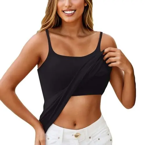 Produktbild: KONG JIMFAN Top Mit Integriertem BH Top Mit Integriertem BH Top Mit Spaghettiträgern Sport BH Gepolsterte Cups Baumwolle BH Ohne Bügel Damen Unterwäsche Body Shaper Damen Sport BH Damen(Schwarz,L)