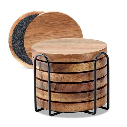 Produktbild: WLWNWFT Untersetzer Holz für Gläser 6er Set, Untersetzer aus Akazienholz mit Halter, Glasuntersetzer Holz mit Filz, Holzuntersetzer Rund für Getränke, Bar, Tassen, Glas