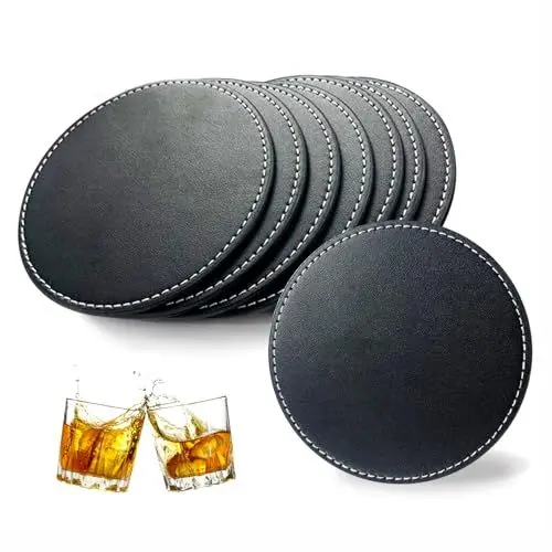 Produktbild: Untersetzer Gläser Leder 8er Set 10cm Große Lederuntersetzer Rund Glasuntersetzer Getränkeuntersetzer Schwarz rutschfest Tassenuntersetzer für Kaffee Bier Tee Becher Getränke