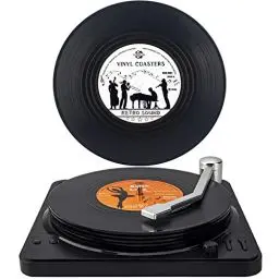 Produktbild: Untersetzer Gläser, Valdivia Design Retro Vinyl Schallplatte mit Basis und einzigartige Etiketten, Getränk Untersetzer 6er Set mit Geschenk Box, für Bars, Cafés, Haus, Party, Büro