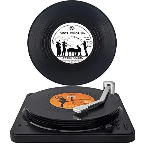 Produktbild: Untersetzer Gläser, Valdivia Design Retro Vinyl Schallplatte mit Basis und einzigartige Etiketten, Getränk Untersetzer 6er Set mit Geschenk Box, für Bars, Cafés, Haus, Party, Büro