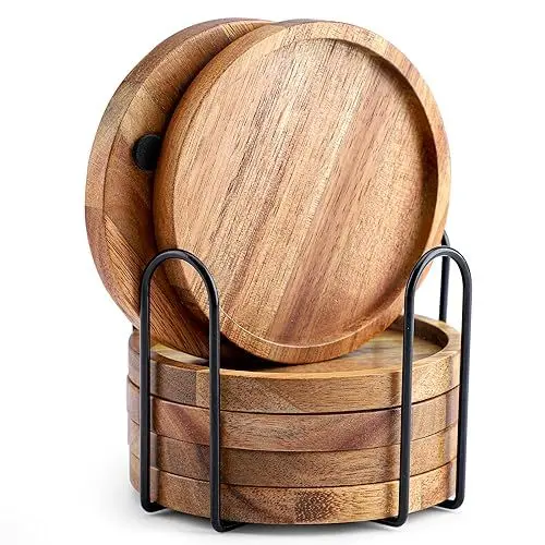 Produktbild: WLWNWFT Untersetzer Holz Rund für Gläser 6er Set, Untersetzer aus Akazienholz mit Halter, Glasuntersetzer für Getränke, Bar, Tassen, Glas