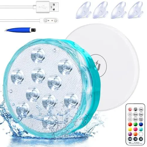 Produktbild: Unterwasser Licht, Wiederaufladbar Poolbeleuchtung mit Eingebauter Batterie, Poolbeleuchtung Unterwasser Magnetische mit Fernbedienung,Wasserdichte RGB Dekolichter für Schwimmbad,Brunnen,Aquarium,1 Pc