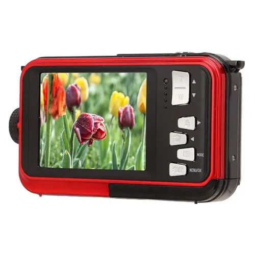 Produktbild: Unterwasserkamera, 2,7 K 48 MP 10 Fuß wasserdichte Digitalkamera, 16-facher Digitalzoom, Dual-Screen-Selfie-Unterwasserkamera Zum Schnorcheln (Rot)