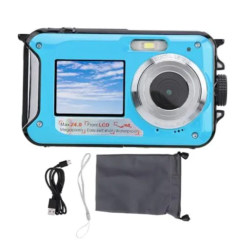 Produktbild: Unterwasserkamera, 2,7 K, 48 MP, 16-facher Zoom, wasserdichte Kamera, 2,7 Zoll + 1,8 Zoll Dual-Screen-LCD-Display, Selfie-Digitalkamera, 11 Fuß Unterwasserkamera Zum Schnorcheln