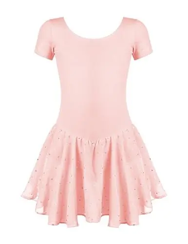 Produktbild: untlet Ballettkleid Mädchen Kurzarm (Größe 92-160) aus extra weichem Baumwollstoff mit Glitzersteinen und Chiffon Röckchen fürs Kinder Ballett,rosa,160