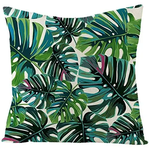 Produktbild: UNZYE Leinenmaterial Wasserdicht und atmungsaktiv Outdoor kissenbezüge wetterfest Set Kissen Palmblätter-Muster Premium-Luxus Zierkissenbezüge Afrika Kissenbezug Indianer Grün 50x50CM
