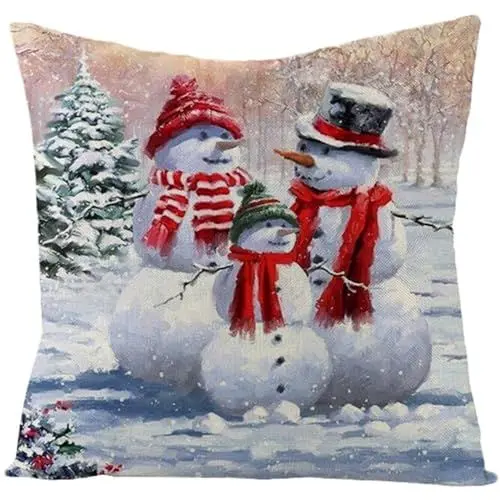 Produktbild: UNZYE Leinenmaterial Wasserdicht und atmungsaktiv kissenbezüge wasserdicht Kissenbezug Set bunt Schneemann-Familie Premium-Luxus Zierkissenbezüge klein Sofa Weiß 45x45 cm