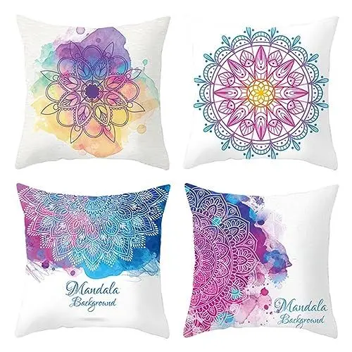 Produktbild: UNZYE Seidengewebe Kissenbezüge Baumwolle Kissenbezug Asiatisch Mandala Kissenbezüge Für Loungemöbel Kissenhülle Abstrakt Premium-Luxus Zierkissenbezüge 4Pcs, 40x40 cm