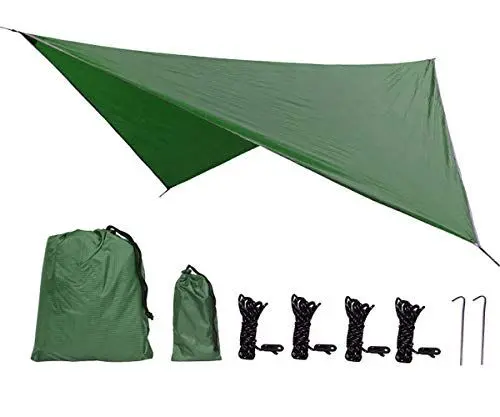 Produktbild: Uong Zeltplane Camping Zelt Tarp, 2.3x2.3m PU2000mm Wasserdicht Hängematte Tarp Regen Fliegen 230 * 230cm mit 2 Aluminiumpfähle + 4 Seilen, Leichte Tragbare für Camping