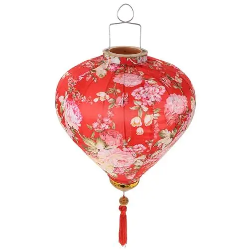 Produktbild: Uonlytech Asiatisch Hoi An Seide Laterne Vietnamesischer Stoff Laternen Stofflaterne Hängende Deko Laterne mit Quasten Blumenmuster für Mondfest Neujahr Frühlingsfest Garten Haustür Rot