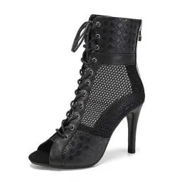 Produktbild: Uonpie Tanzstiefel Damen Reißverschluss Peep Toe Ballsaal Salsa Tanz Stiefeletten Absätze Tanzschuhe Schwarz, 36.5 EU