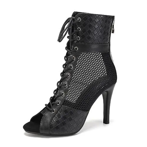 Produktbild: Uonpie Tanzstiefel Damen Reißverschluss Peep Toe Ballsaal Salsa Tanz Stiefeletten Absätze Tanzschuhe Schwarz, 36.5 EU