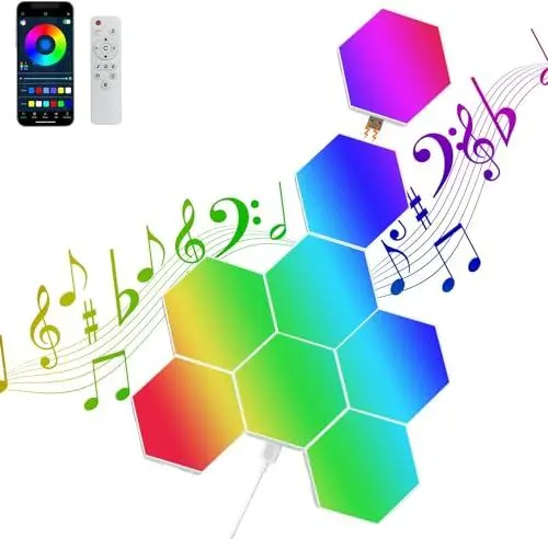 Produktbild: UooEA Hexagon LED Panels - 8 Pack RGB Smart Wandleuchte Innen Kreative Dekorative Hexa LED Light Panels Musik Sync für zimmer & Gaming Stimmungslichte Deko