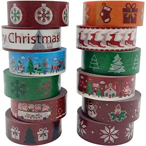 Produktbild: UOOOM Weihnachten Washi Tape Set 12 Rollen Dekorative Selbstklebendes Klebeband Masking Tape für Weihnachten Geschenkverpackung Dekoration DIY Scrapbooking Crafts (Rot)