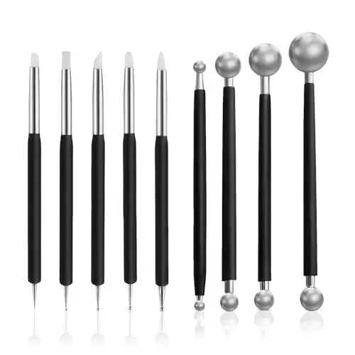 Produktbild: UOSIWYA Modellierwerkzeug, 9 Stück Töpferwerkzeug Ton Werkzeug Silikon Prägestift Quilling Tool Modelierwerkzeugset für Nagelkunst Fondant Modellierung Prägung DIY (Schwarz)