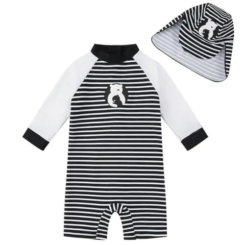 Produktbild: upandfast Baby Junge Badeanzug mit Sonnenhut UPF 50+ Badebekleidung Bademode(Weiß Streifen,9-12 Monate)