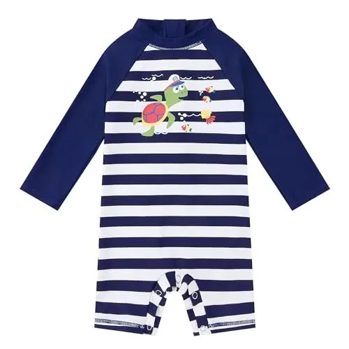 Produktbild: upandfast Baby Jungen Badeanzug mit Knöpfen UPF50+ Badebekleidung Für Baby UV-Schutz(Strip Turtle,9-12 Monate)