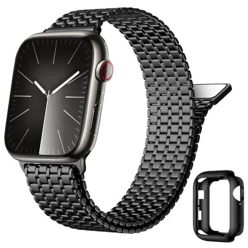 Produktbild: Upeak Edelstahl Armband Kompatibel mit Apple Watch Armband 44mm 45mm 42mm für Herren Damen, Starkes Magnetisches Metall Loop Ersatzband mit Hülle für iWatch Ultra 2 SE Series 9 8 7 6 5 4 3 2, Schwarz