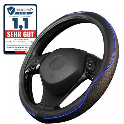 Produktbild: Upgrade4cars Lenkradbezug Blau Schwarz in Leder-Optik | Lenkradhülle Universal 37-38 cm für Sommer & Winter | Autozubehör Innenraum Geschenk-Ideen | Geschenke für Frauen und Männer