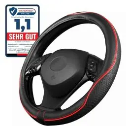 Produktbild: Upgrade4cars Lenkradbezug Universal 37-39 cm Rot Schwarz in Leder-Optik | Lenkradhülle für Sommer & Winter | Autozubehör Innenraum Geschenk-Ideen | Geschenke für Frauen und Männer