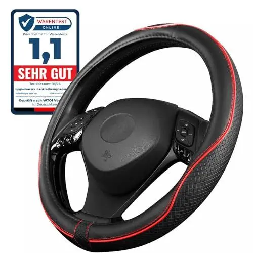 Produktbild: Upgrade4cars Lenkradbezug Universal 37-39 cm Rot Schwarz in Leder-Optik | Lenkradhülle für Sommer & Winter | Autozubehör Innenraum Geschenk-Ideen | Geschenke für Frauen und Männer