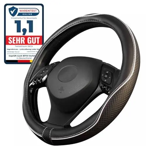 Produktbild: Upgrade4cars Lenkradbezug Weiß Schwarz Leder Optik | Lenkradschutz in Universal Größe 37-39 cm | Lenkradhülle für Sommer & Winter | Autozubehör Innenraum