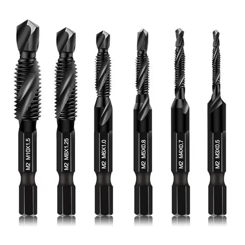 Produktbild: Upgraded 6er-Pack Kombi-Bohr- und Gewindebohrer-Set Metrisch- 6542 M2 HSS Stahl mit Anti-Rost-Beschichtung, M3 M4 M5 M6 M8 M10 Bohr-Gewindebohrer-Senker Bits, 1/4” Hex-Schaft