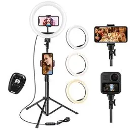 Produktbild: UPhitnis Ringlicht mit Stativ, 10 Zoll Ringlicht mit 63 Zoll Stativ Selfie Ringleuchte mit 3 Farbe und 10 Helligkeitsstufen für Make-up,Live-Streaming,YouTube, Tiktok, Vlog und Fotografie