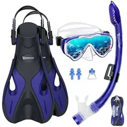 Produktbild: UPhitnis Schnorchelset Kinder mit Flossen,Anti-Fog 180°Panorama Taucherbrille Kinder, Verstellbaren Schwimmflossen und Premium Dry Schnorchel,3 in 1 Schnorcheln Set für Kinder mit Tragetasche