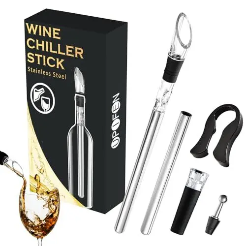 Produktbild: Upifen Weinkühlstab mit Ausgießer, 6 in 1 Edelstahl Weinkühler Stab inkl. 2 Stäben, 1 Weinausgießer, 2 Weinverschluss, 1 Folienschneider, Ideales Weinzubehör Geschenk für Männer Frauen Weinliebhaber