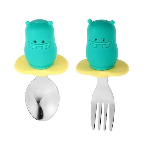 Produktbild: UPKOCH 2sätze Kindersicheren Und Edelstahl-löffeln Und Gabeln Für Rutschfester Griff Ergonomisches Design Esslernhilfe Für Kleinkinder Grünes Nilpferd