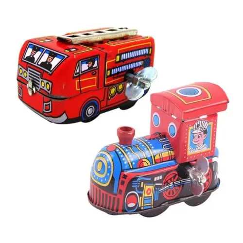 Produktbild: UPKOCH 2er Set Vintage Blechspielzeug Aufziehspielzeug Antike Lokomotive Und Feuerwehrwagen Für Retro Uhrwerk Perfekt Für Sammler Und Als